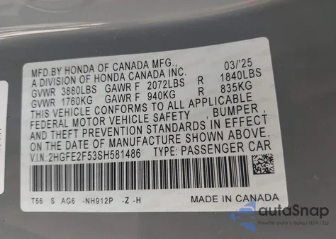 2025 Honda Civic Sport z USA, uszkodzony, nr VIN 2HGFE2F53SH581486